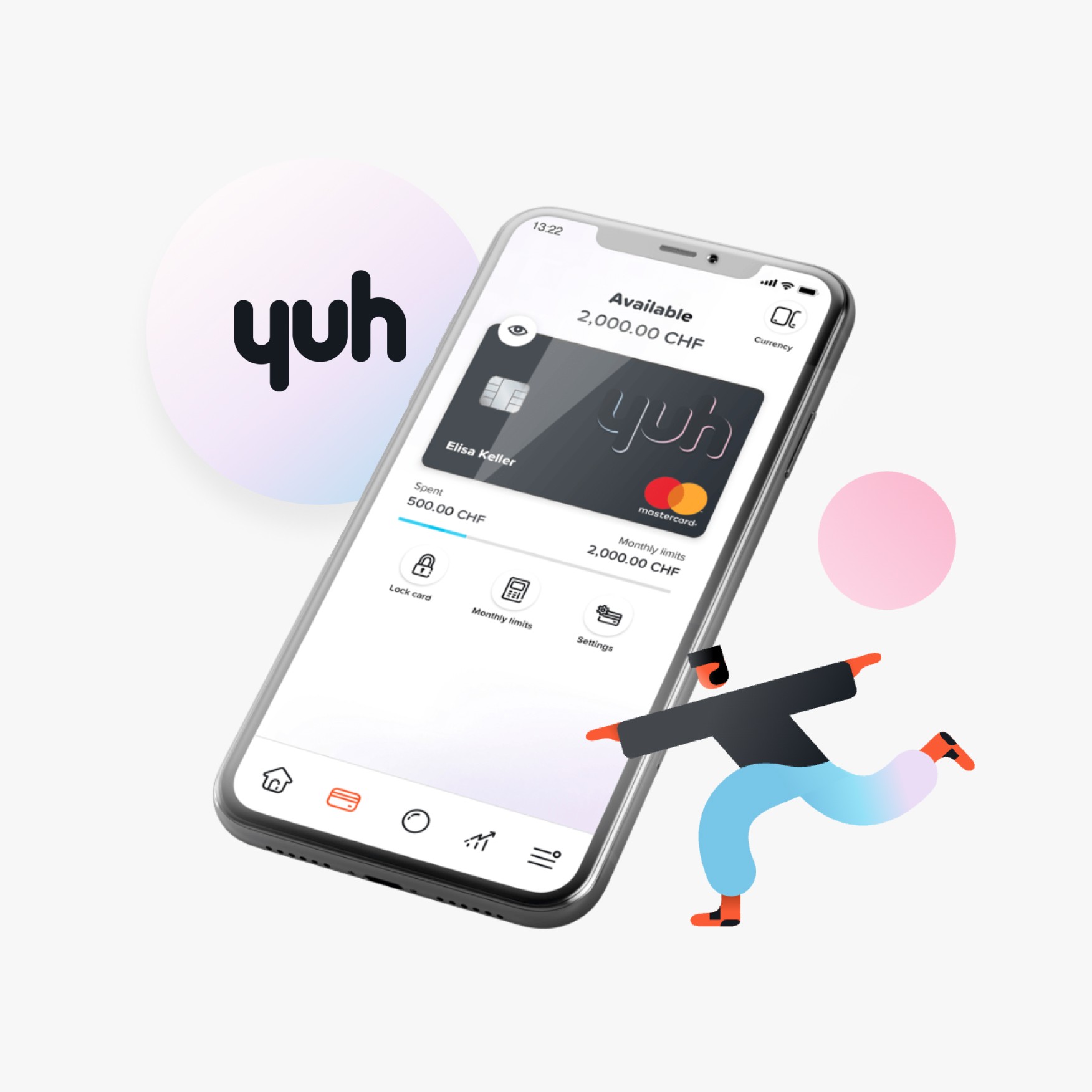 Yuh mobile app interface with illustration